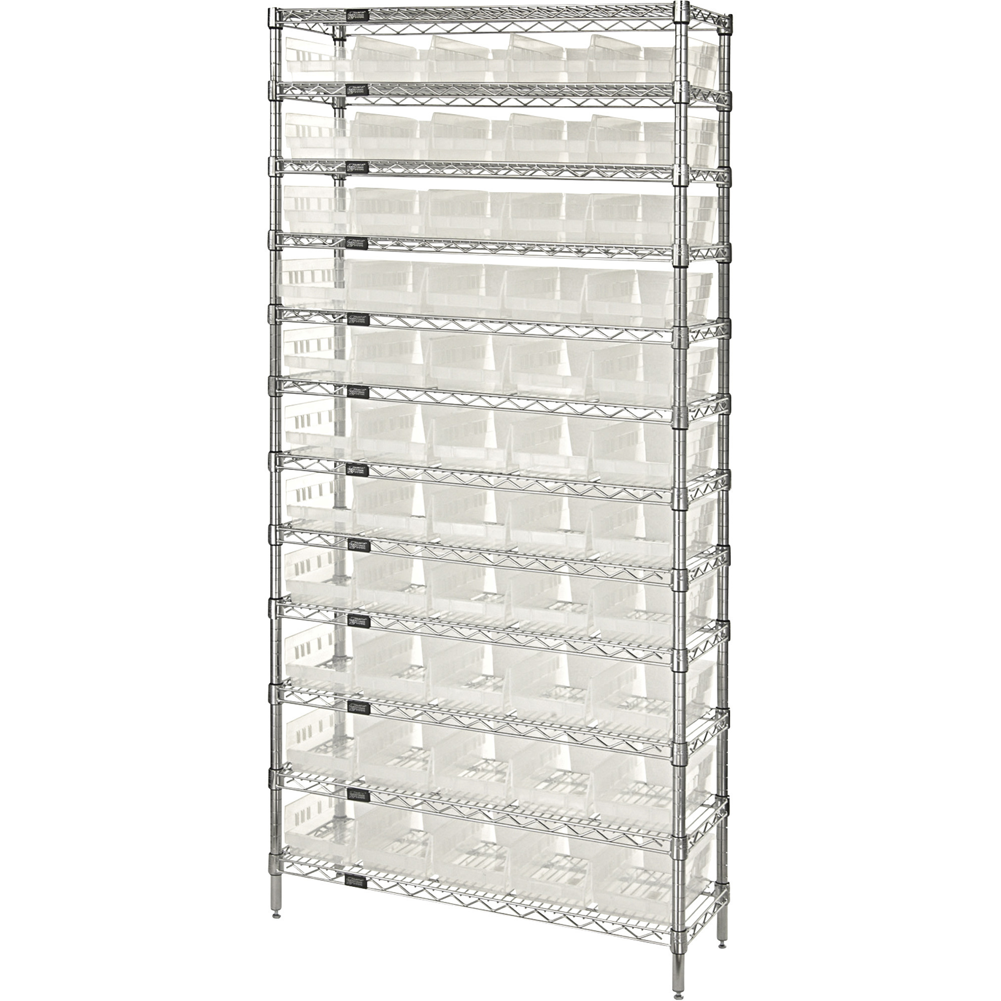 Quantum Storage Complete Single Side Wire Shelving Unit with 55 Bins, 36in.W x 12in.D x 74in.H, Clear, Model# WR12-102CL
